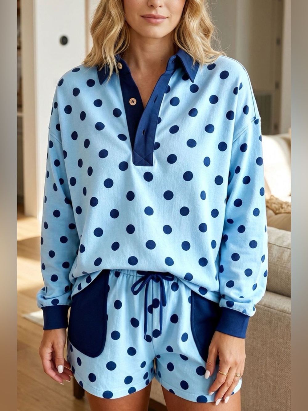 Polka Dot Drop Shoulder Polo Loose Pullover Patch Pocket Casual Shorts Set